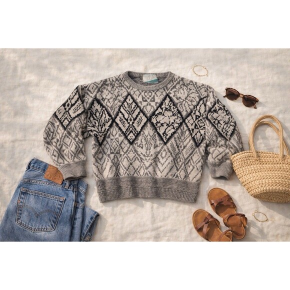 Uniform Code Other - Vintage Nordic Geometric Grandpa Sweater Made USA Large Chunky Ski Lodge Knit